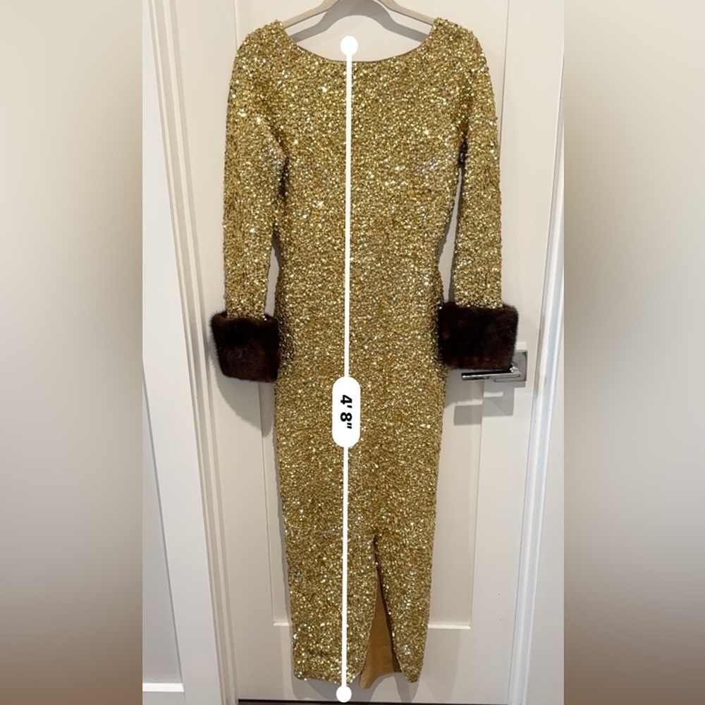 1960s Gene Shelly's Gold Sequin Keyhole Long Bell Sleeve Vintage Wool 60s Gown - Picture 13 of 17